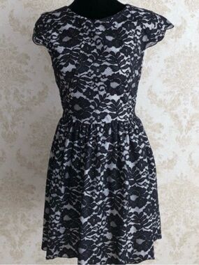 TALULAH Black Lace Short Sleeve Fit-and-Flare Dress